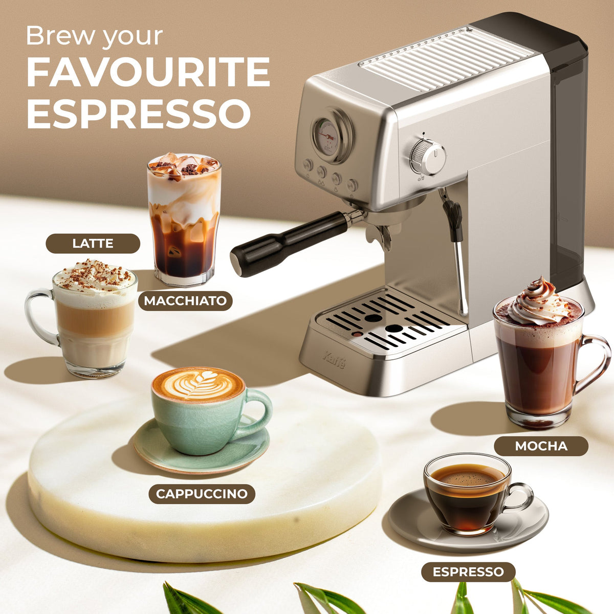 Kaffe KF1000X Espresso Machine with Milk Frother - 20 Bar, Stainless Steel