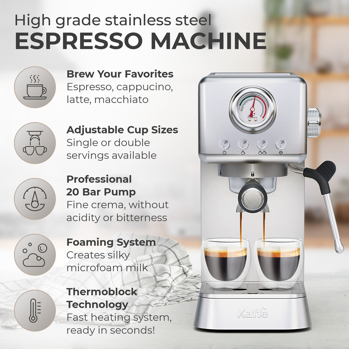 Kaffe KF1000X Espresso Machine with Milk Frother - 20 Bar, Stainless Steel