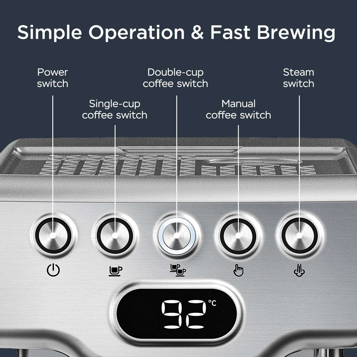 Geek Chef 20 Bar Espresso Machine with Milk Frother - 1.8L Tank, Stainless Steel